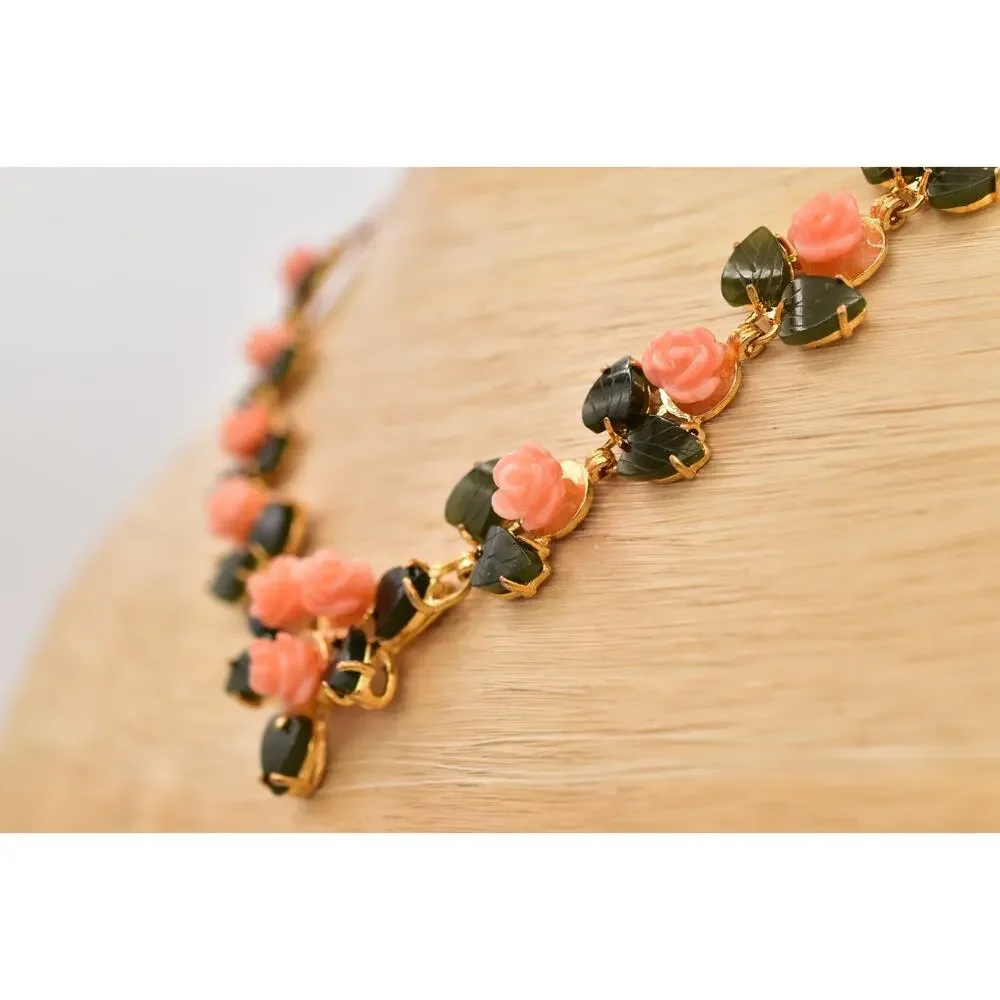 Vintage Carved Rose Leaf Collar Necklace Pink Floral Statement Gold Tone BinBE